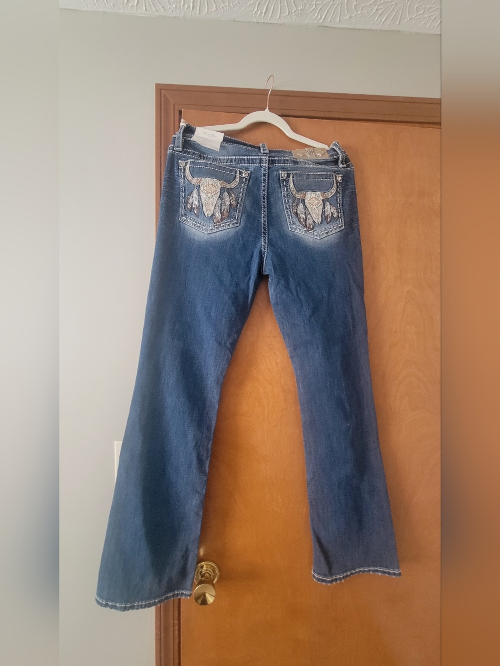 Miss Me Blue Flare Jeans with Embroidered Bull Pockets